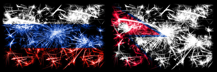 Russia, Russian vs Nepal, Nepalese New Year celebration sparkling fireworks flags concept background. Combination of two states flags