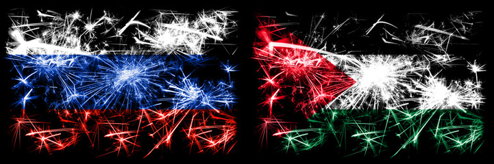 Russia, Russian vs Palestine, Palestinian New Year celebration sparkling fireworks flags concept...