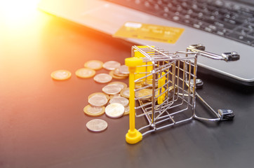 Shopping cart with scattered gold and silver coins and a credit card near the laptop close-up. The...