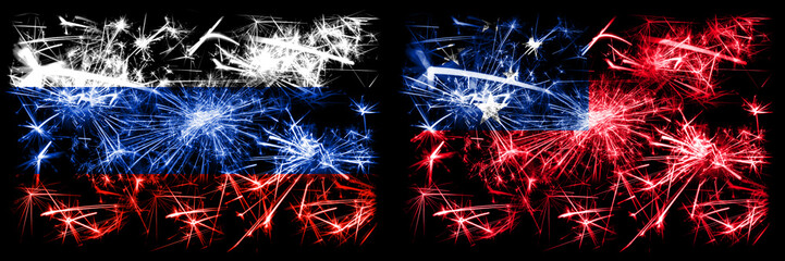 Russia, Russian vs Samoa, Samoan New Year celebration sparkling fireworks flags concept background....