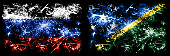 Russia, Russian vs Solomon Islands New Year celebration sparkling fireworks flags concept...