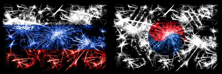 Russia, Russian vs South Korea, Korean New Year celebration sparkling fireworks flags concept background. Combination of two states flags
