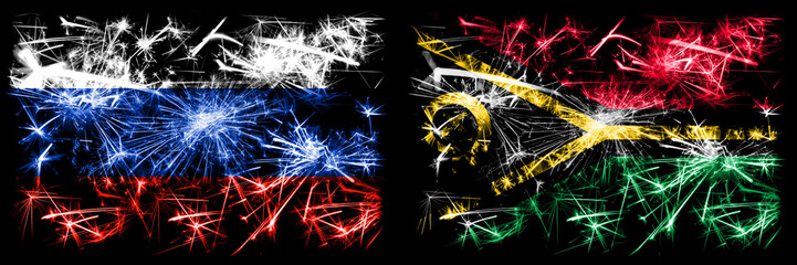 Russia, Russian vs Vanuatu New Year celebration sparkling fireworks flags concept background....