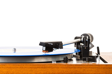Close up of vintage turntable vinyl record player isolated on white