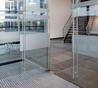 Modern architecture. Glass walls. Glass panels. Glass facade. Entrance office. Reception. Netherlands