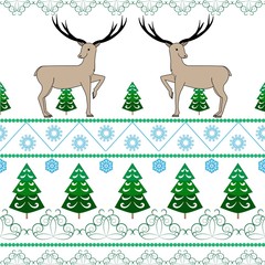 Deers and trees seamless pattern. Fashion graphic background design. Horizontal ornament. Modern stylish abstract texture. Colorful template for prints, textiles, wrapping, etc. Vector illustration.