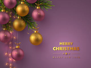 Christmas holiday design. Realistic glitter balls, fir-tree branches and lights garland. New Year purple background. with greeting text Vector illustration.
