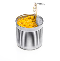 Open metallic can with sweet corn on a white background