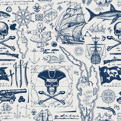 Vector abstract seamless pattern with skull, crossbones, pirate flag, swords, guns, caravels, old map and other nautical symbols. Vintage background with hand-drawn sketches, ink blots and stains - obrazy, fototapety, plakaty