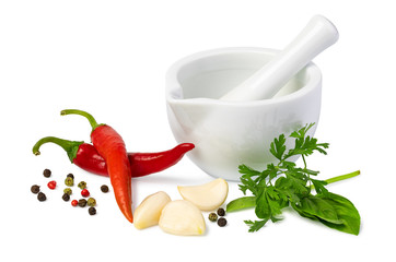 Fresh spices and herbs in mortar