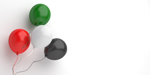 Independence day design creative concept for United Arab Emirates UAE, Kuwait, Palestine, Jordan, Sudan. Flying balloon red, white, green, black color on background studio lighting. 3D illustration.