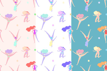 Fototapeta na wymiar Set of Vector seamless patterns with women in swimsuits on beach