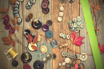 vintage buttons, reel with thread, herbarium and green tape