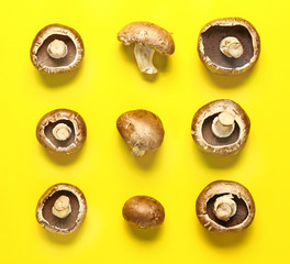 Fresh champignon mushrooms on color background