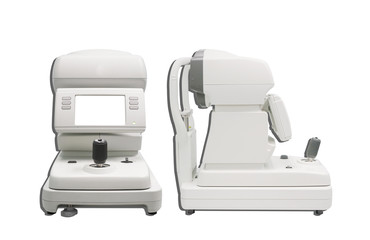 autorefractor fore checking patient on white background.