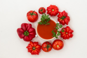 Summer cold tomato soup, set of products for gazpacho, white background.