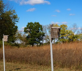 A close view of the birdhouse in the grass field.