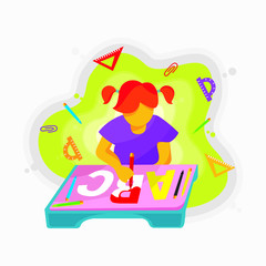 Children learn to color vector. a kid coloring flat design.