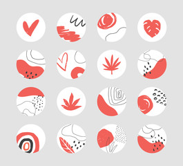 Set of vector hand drawn abstract collage templates for social media highlights. Contemporary art objects, doodle elements.