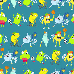 Cute kids monster pattern for girls and boys. Colorful sport monster on the abstract bright background. The monster pattern is made in bright colors. Grunge sport kids pattern for textile and fabric