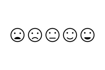 Set of emotions faces for feedback, user experience, satisfaction level.  Excellent, good, normal, bad, awful.