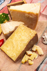 Cheese collection, hard cheeses from North Italy, aged Maniva cheese from Alps, parmesan from Parma and Grana Padano