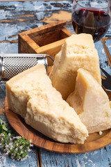 Cheese collection, hard italian cheese, aged parmesan and grana padano cheese