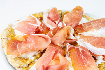 Concept promotional flyer and poster for restaurants or pizzerias, model with delicious pizza with ham and mozzarella. Pizza or food menu. Copy space for your text. - Image
