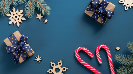 Download Letter To Santa Claus Mockup Flat Lay Blank Paper Card Craft Envelope Gift Box Wooden Decorations On Blue Background Top View Christmas Letter Concept Wall Mural Photoguns PSD Mockup Templates