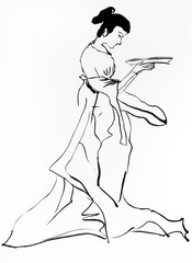 lady holding plate hand drawn in sumi-e style