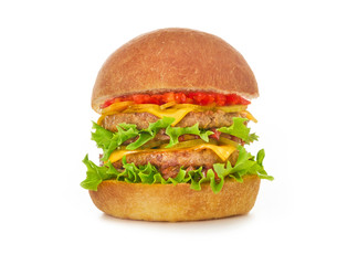 Double burger with lettuce, tomato, onion, and melted cheese on white background