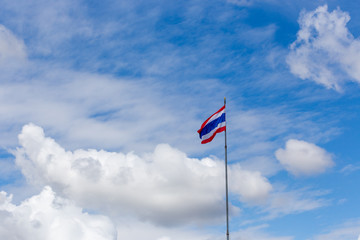 Image of waving Thai flag of Thailand with blue sky background.
