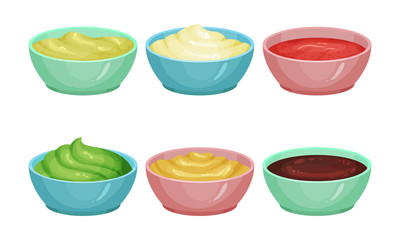 Different Sauces Vector Set. Spicy Treatment In Bowls