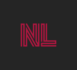 Initial two letter red line shape logo on black vector NL