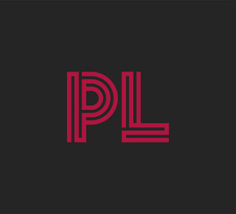 Initial two letter red line shape logo on black vector PL