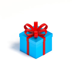 Blue gift box with red ribbon isolated on white background 3d rendering. 3d illustration minimal style christmas and new year concept. Clipping path included.