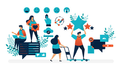 Naklejka premium User satisfaction rating. Fill opinions with emoticons and give star feedback, share, like & comments. Flat vector illustration for landing page, web, website, banner, mobile apps, flyer, poster, ui