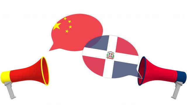 Flags of the Dominican Republic and China on speech balloons from megaphones. Intercultural dialogue or international talks related 3D animation