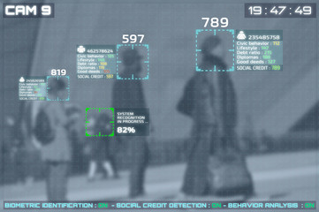 Screen of cctv cameras with facial recognition and social credit display