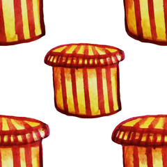 Seamless New Year pattern with gift box. Christmas print painted in watercolor. The pattern is perfect for wrapping paper and fabric. White background. Yellow box with a red stripes pattern.