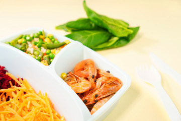 Healthy food delivery in boxes. Healthy diets menu. Food in lunch box for proper nutrition background.