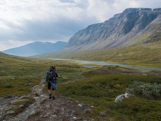 Fototapeta premium Man hiker with heavy backpack in wild Lapland nature with blue glacial river, birch tree bushes, snow capped mountains and dramatic clouds. Northern Sweden summer at Kungsleden hiking trail.
