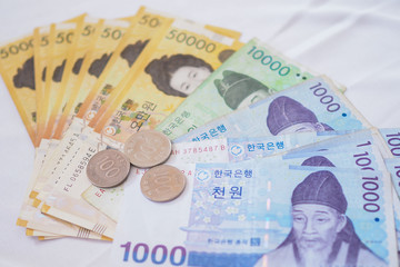 Korean won notes and Korean won coins for money concept background