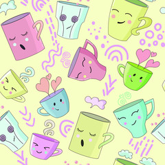 Cute smiling mugs seamless pattern with hearts.