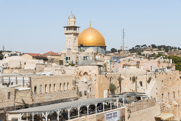 Fototapeta premium View of the East Wall, El Fahria Mosque and Al Aqsa Mosque in the Old City in Jerusalem, Israel