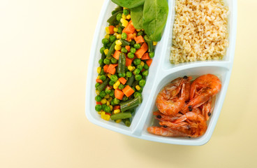 Healthy food delivery in box background top view, copy space