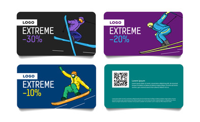 Set of cards, discount vouchers for ski pass or advertisong with colorful illustrations of skier and snowboarder on the slopes - obrazy, fototapety, plakaty
