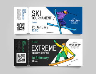 Admission tickets for extreme winter sports tournament or competition invitation with skier and snowboarder illustrations