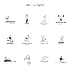 Set of vector hand drawn logo templates. Men in different sports. Active way of life.