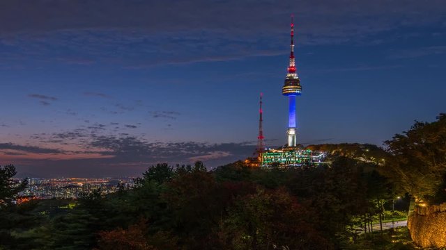 view of namsan mountain at night in seoul city south korea [zoom in. mov]